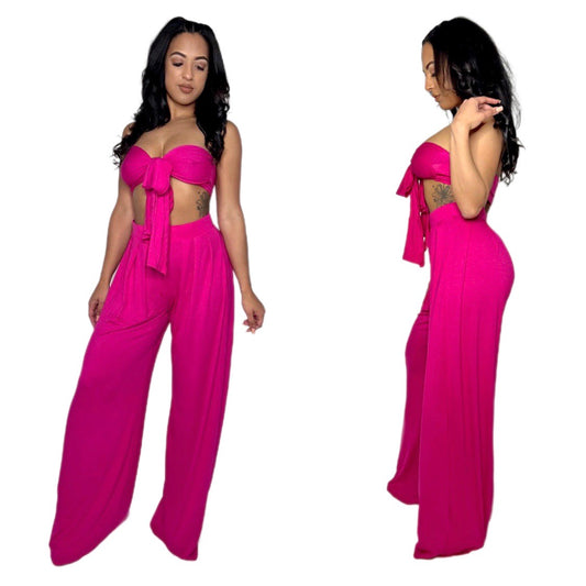 Paradise Two Piece Pants Set- Fuchsia