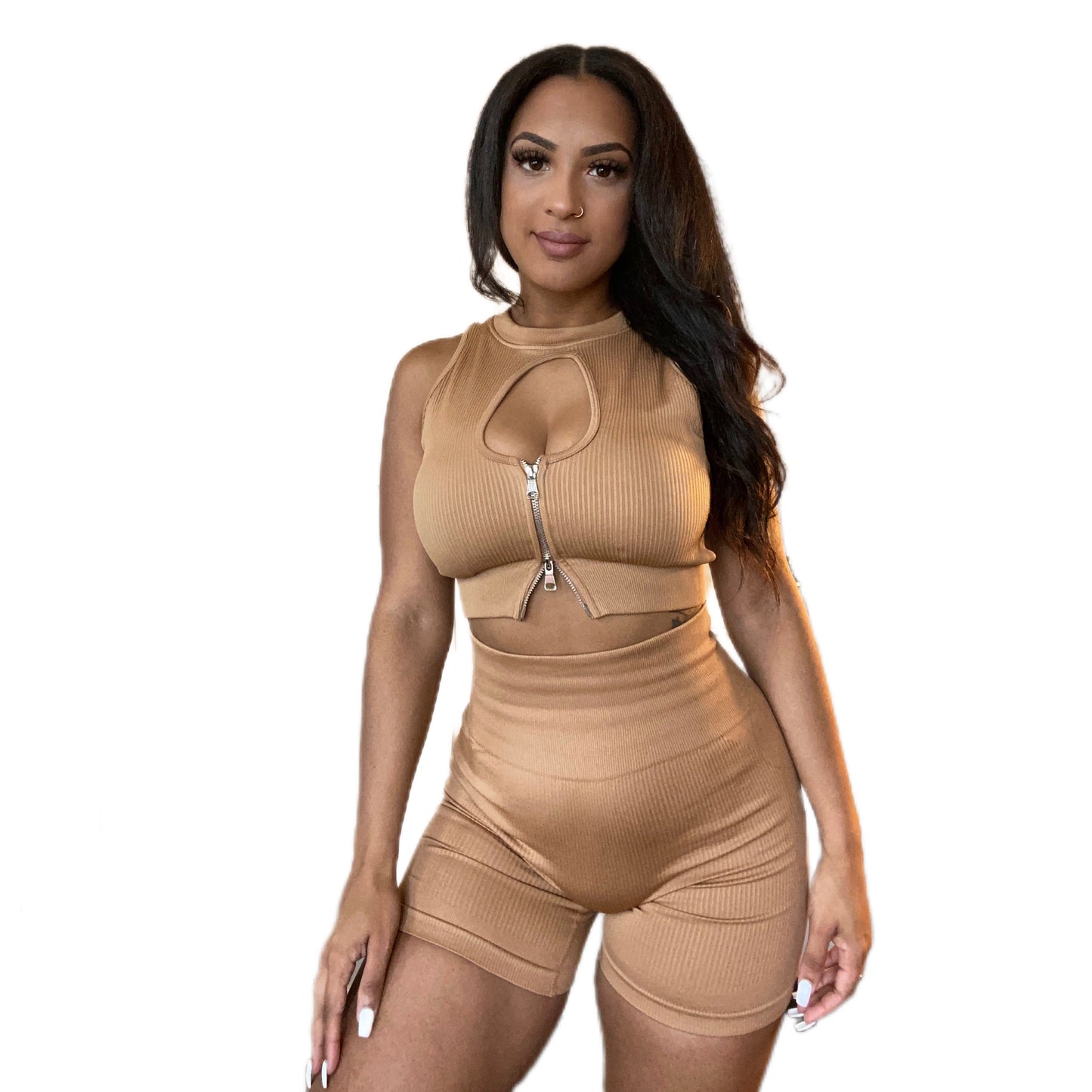 Apricot Zip Up Crop & Biker Short Set