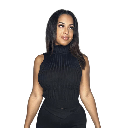 Black Sleeveless Ribbed Turtle Neck Top