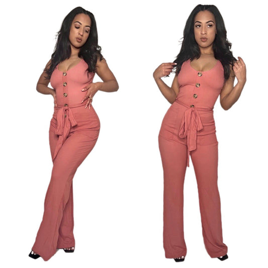 Coral Ribbed Jumpsuit
